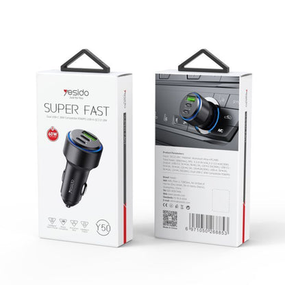 Auto punjač Yesido Y50, 60W, 3A, 1 x USB-A - 2 x USB-C, Crni