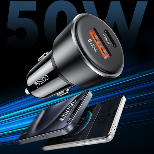 Auto punjač Yesido Y64, 50W, 3A, 1 x USB-A - 1 x USB-C, Crni