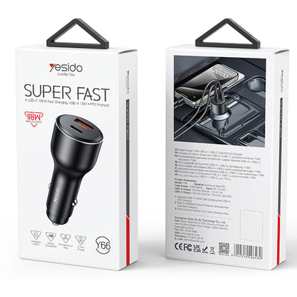 Auto punjač Yesido Y65, 100W, 5A, 1 x USB-A - 1 x USB-C, Crni