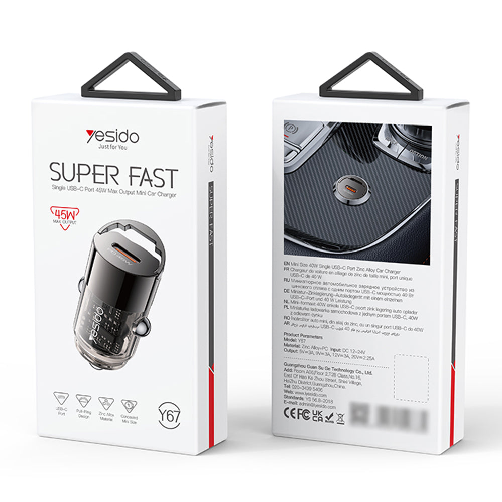 Auto punjač Yesido Y67, 45W, 3A, 1 x USB-C, Crni