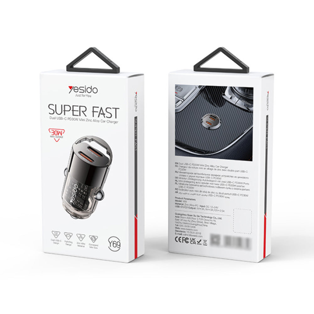 Auto punjač Yesido Y69, 30W, 3A, 2 x USB-C, Crni