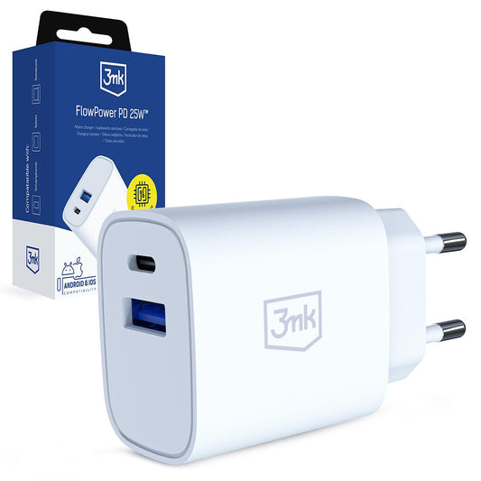 Punjač Mreže 3MK FlowPower, 25W, 1 x USB-A - 1 x USB-C, Bijeli