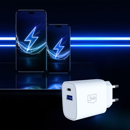 Punjač Mreže 3MK FlowPower, 25W, 1 x USB-A - 1 x USB-C, Bijeli