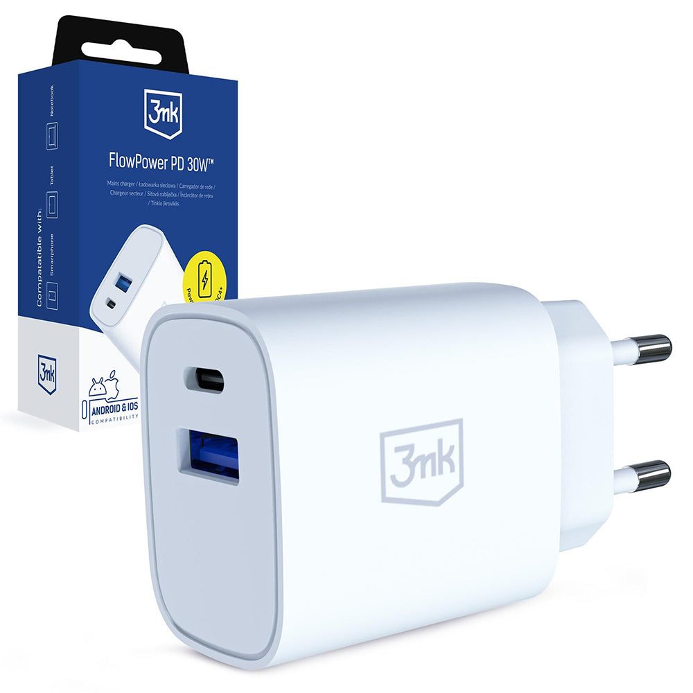 Punjač Mreže 3MK FlowPower, 30W, 1 x USB-A - 1 x USB-C, Bijeli