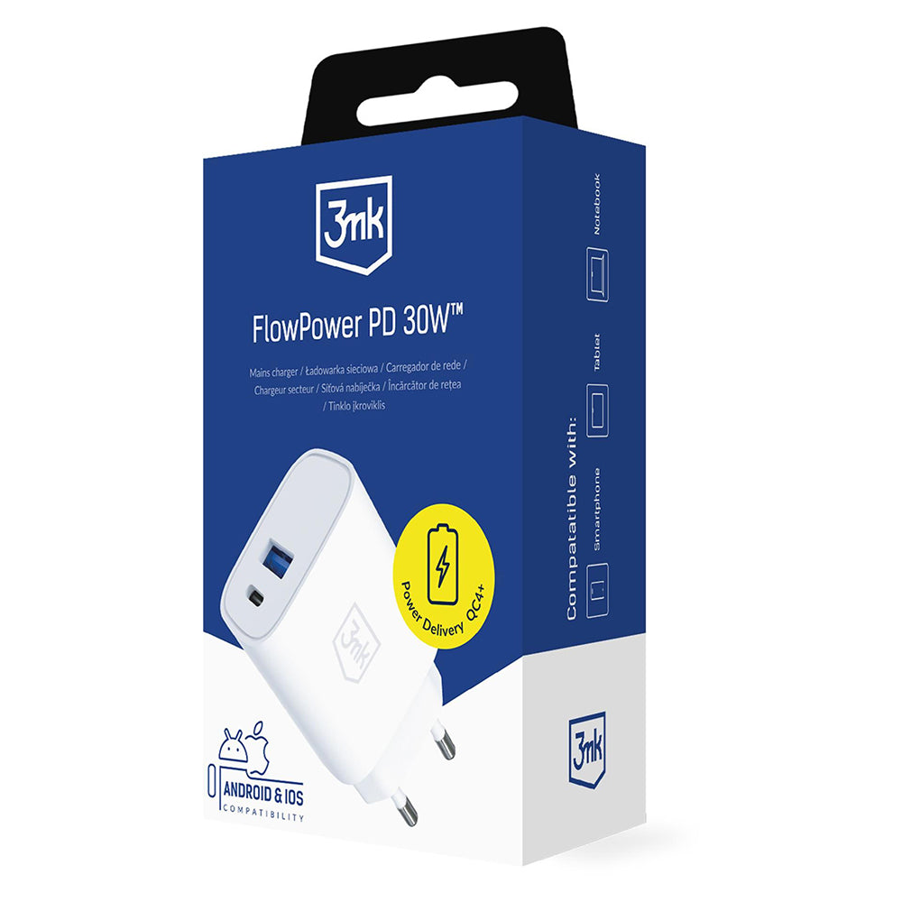 Punjač Mreže 3MK FlowPower, 30W, 1 x USB-A - 1 x USB-C, Bijeli