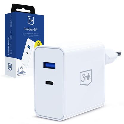 Punjač Mreže 3MK FlowPower, 45W, 1 x USB-A - 1 x USB-C, Bijeli