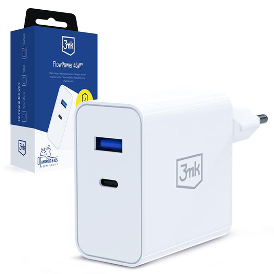 Punjač Mreže 3MK FlowPower, 45W, 1 x USB-A - 1 x USB-C, Bijeli