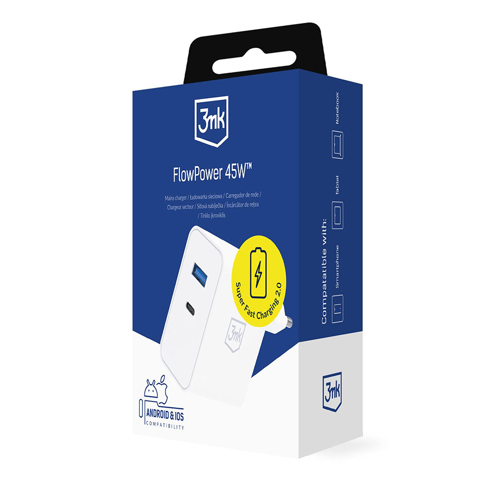Punjač Mreže 3MK FlowPower, 45W, 1 x USB-A - 1 x USB-C, Bijeli