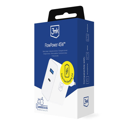 Punjač Mreže 3MK FlowPower, 45W, 1 x USB-A - 1 x USB-C, Bijeli
