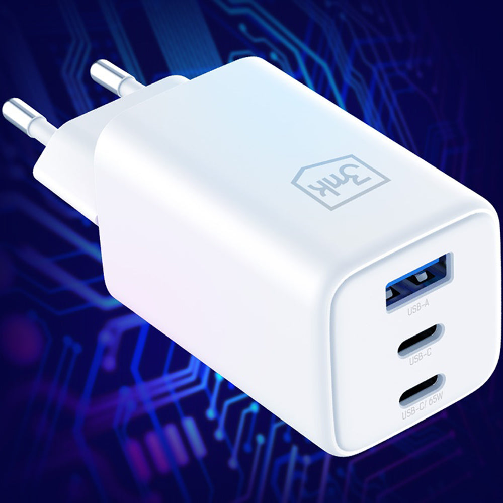 Punjač mreže 3MK Hyper, 65W, 3.25A, 1 x USB-A - 2 x USB-C, Bijeli