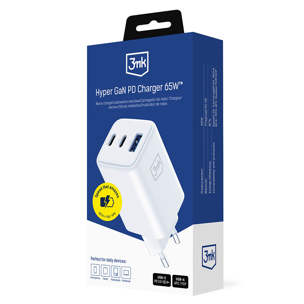 Punjač mreže 3MK Hyper, 65W, 3.25A, 1 x USB-A - 2 x USB-C, Bijeli