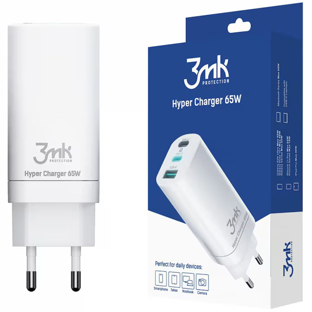 Mrežni punjač 3MK HyperCharger, 65W, 5A, 1 x USB-A - 2 x USB-C, Bijela