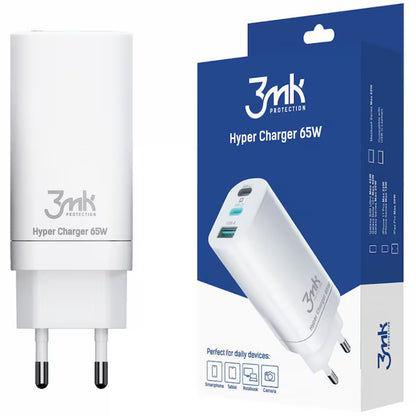 Mrežni punjač 3MK HyperCharger, 65W, 5A, 1 x USB-A - 2 x USB-C, Bijela