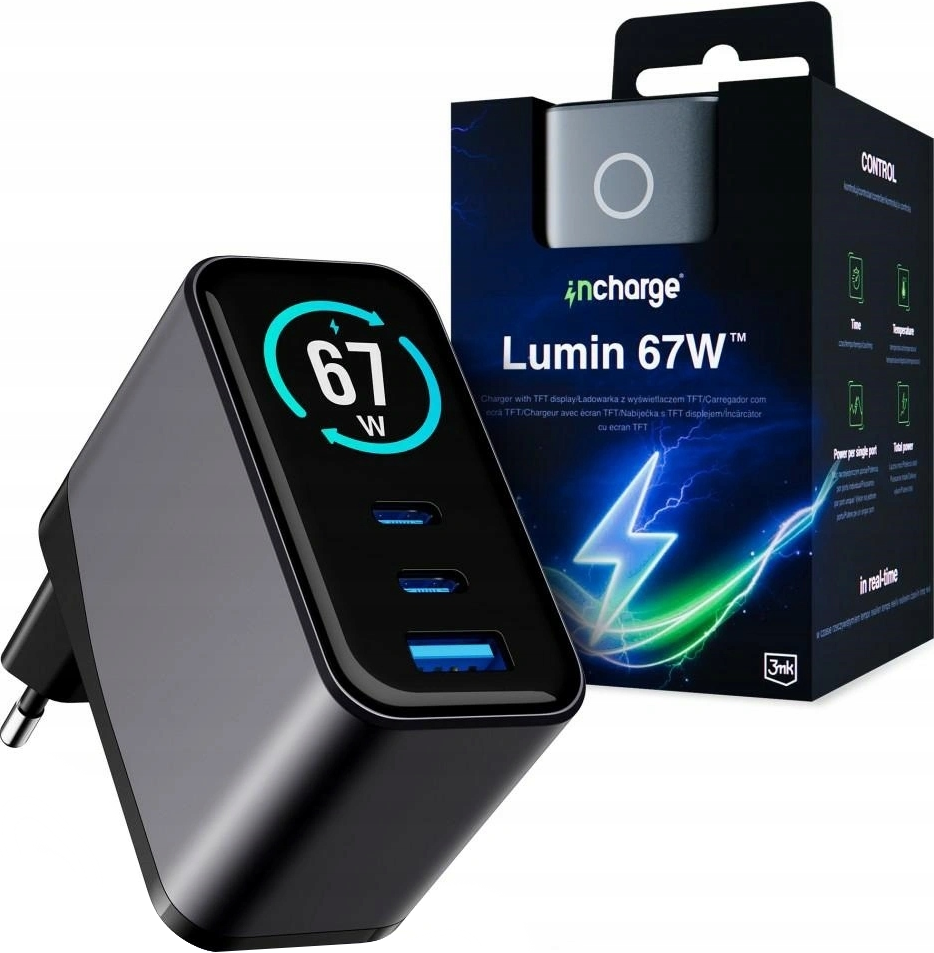 Punjač Mreže 3MK InCharge Lumin Display, 67W, 5A, 1 x USB-A - 2 x USB-C, Crni