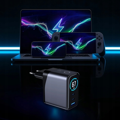 Punjač Mreže 3MK InCharge Lumin Display, 67W, 5A, 1 x USB-A - 2 x USB-C, Crni