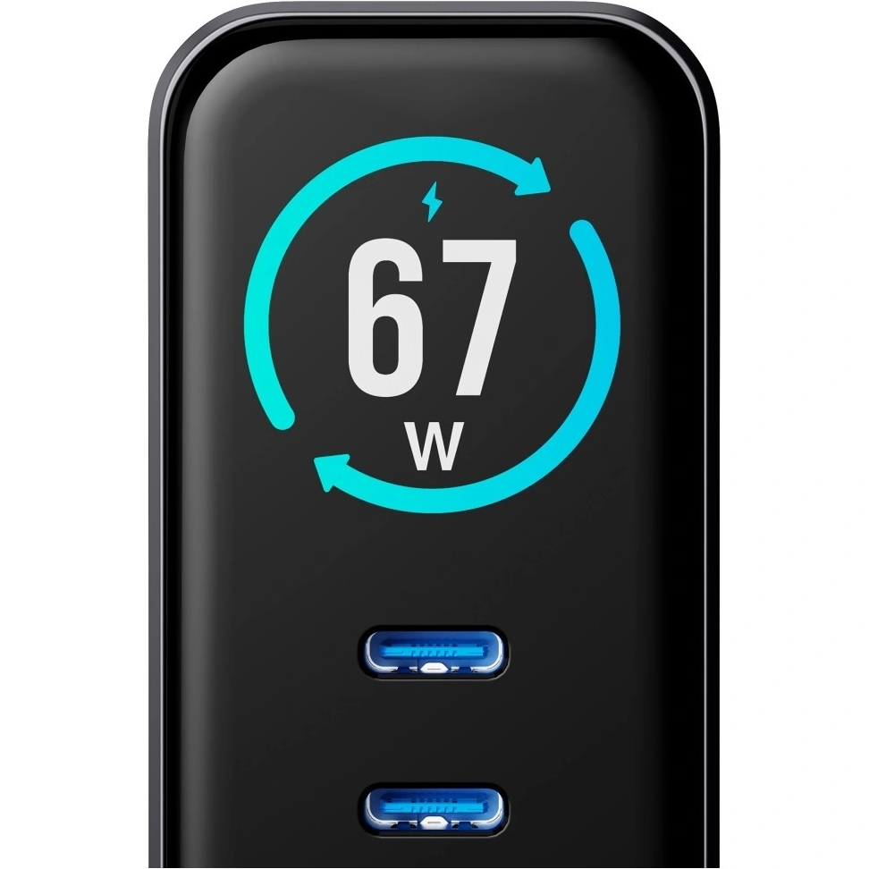 Punjač Mreže 3MK InCharge Lumin Display, 67W, 5A, 1 x USB-A - 2 x USB-C, Crni