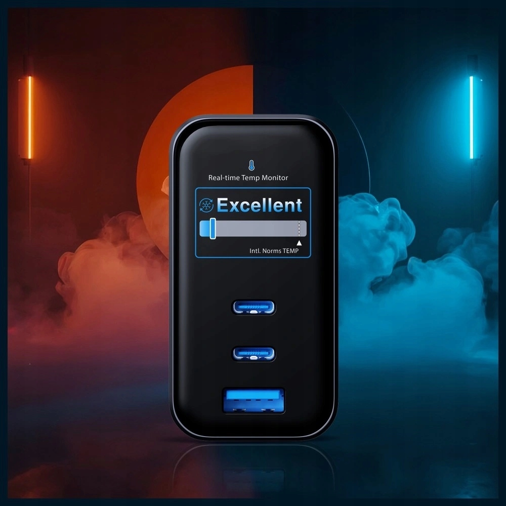 Punjač Mreže 3MK InCharge Lumin Display, 67W, 5A, 1 x USB-A - 2 x USB-C, Crni