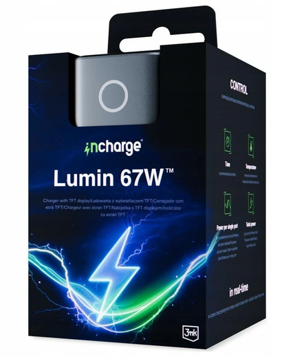 Punjač Mreže 3MK InCharge Lumin Display, 67W, 5A, 1 x USB-A - 2 x USB-C, Crni