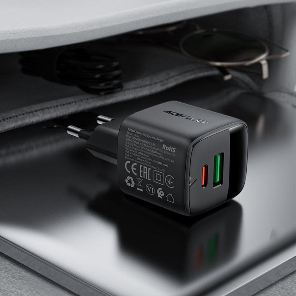 Mrežni punjač Acefast A114 Display, 25W, 3A, 1 x USB-A - 1 x USB-C, Crni