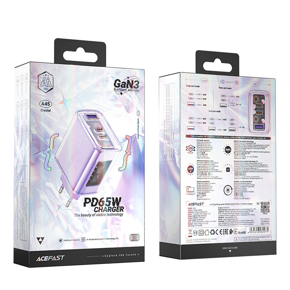 Punjač mreže Acefast A45 Exploration, 65W, 3.25A, 1 x USB-A - 2 x USB-C, Ljubičasti