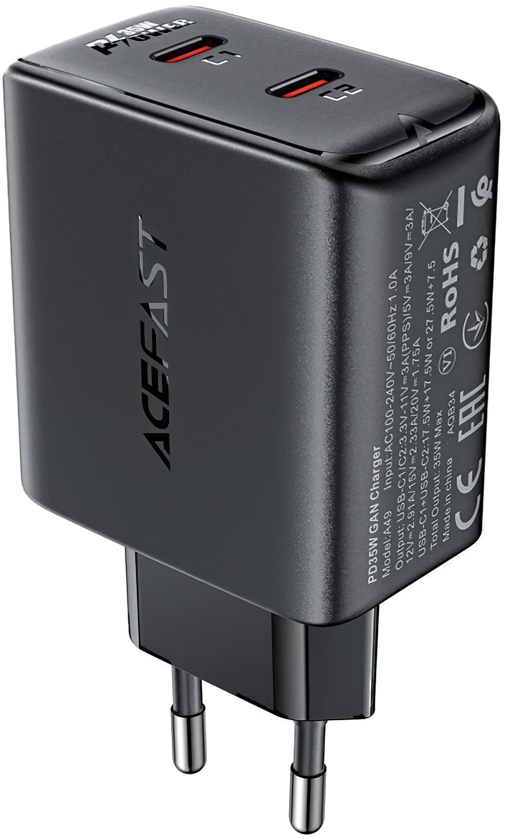 Punjač za mrežu Acefast A49, 35W, 3A, 2 x USB-C, Crni