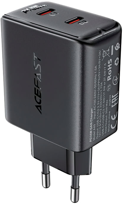 Punjač za mrežu Acefast A49, 35W, 3A, 2 x USB-C, Crni