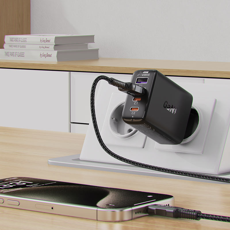 Mrežni punjač Acefast A61, 45W, 3A, 2 x USB-A - 2 x USB-C, Crni