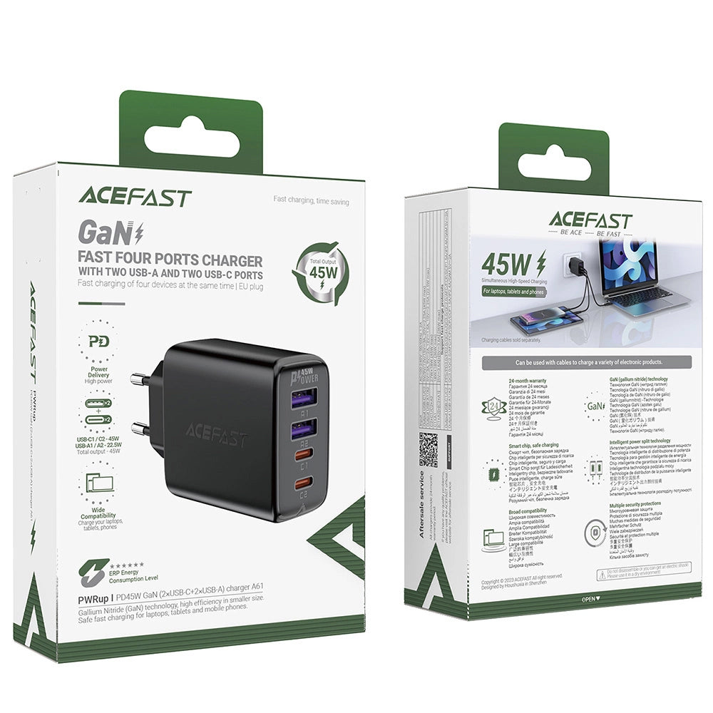 Mrežni punjač Acefast A61, 45W, 3A, 2 x USB-A - 2 x USB-C, Crni