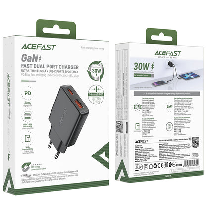 Punjač mreže Acefast A69, 30W, 3A, 1 x USB-A - 1 x USB-C, Crni