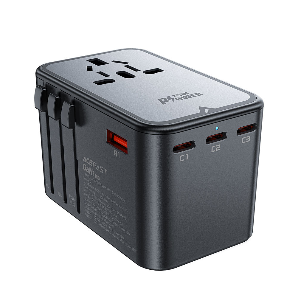Punjač mreže Acefast Travel Z1, 75W, 3.35A, 2 x USB-A - 3 x USB-C, Crni