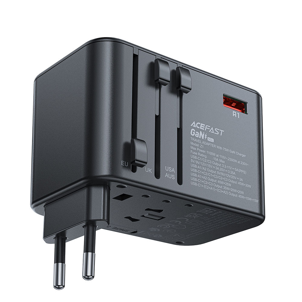 Punjač mreže Acefast Travel Z1, 75W, 3.35A, 2 x USB-A - 3 x USB-C, Crni