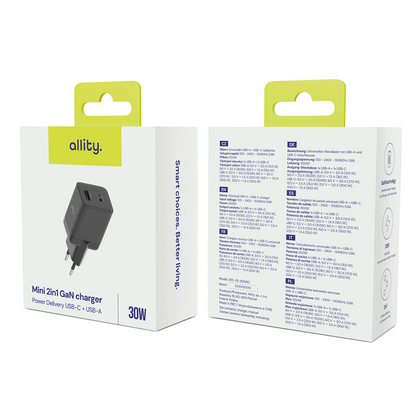 Punjač mreže Allity. ATC-01-30WAC Mini, 30W, 3A, 1 x USB-A - 1 x USB-C, Crni