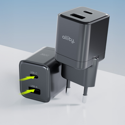 Punjač mreže Allity. ATC-01-30WAC Mini, 30W, 3A, 1 x USB-A - 1 x USB-C, Crni