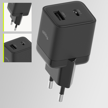 Punjač mreže Allity. ATC-01-30WAC Mini, 30W, 3A, 1 x USB-A - 1 x USB-C, Crni