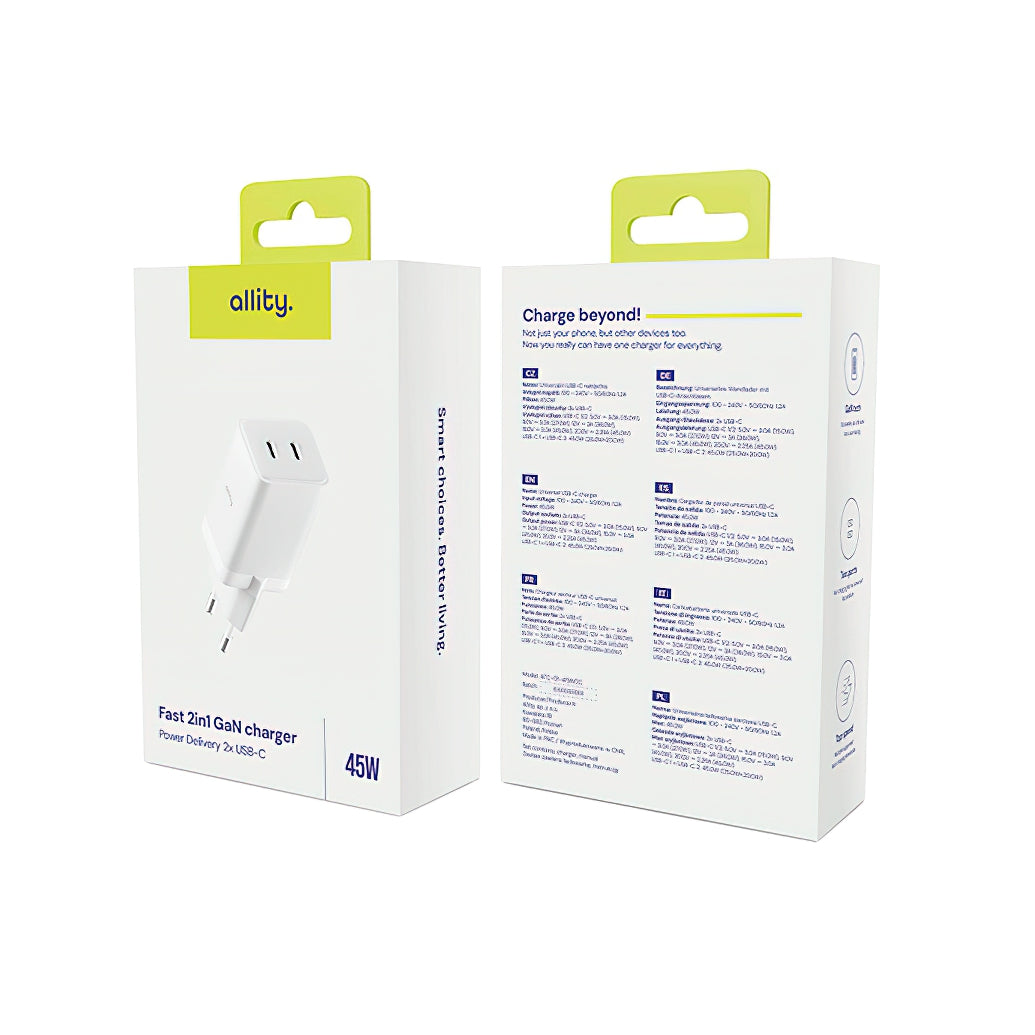 Punjač mreže Allity. ATC-01-45WCC Fast, 45W, 3A, 2 x USB-C, Bijeli