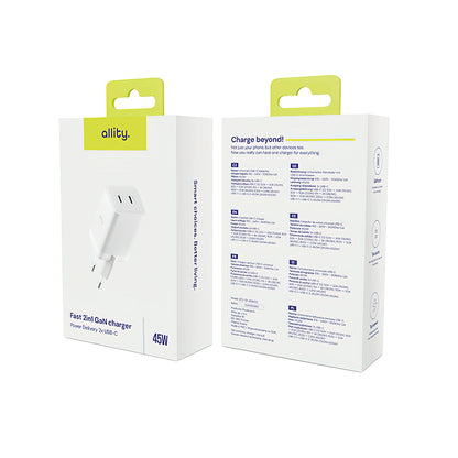 Punjač mreže Allity. ATC-01-45WCC Fast, 45W, 3A, 2 x USB-C, Bijeli