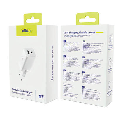 Punjač mreže Allity. ATC-01-45WCC Fast, 45W, 3A, 1 x USB-A - 1 x USB-C, Bijeli