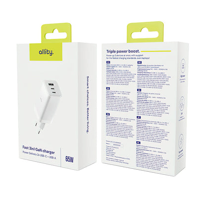 Punjač mreže Allity. ATC-01-65WACC Fast, 65W, 3.25A, 1 x USB-A - 2 x USB-C, Bijela