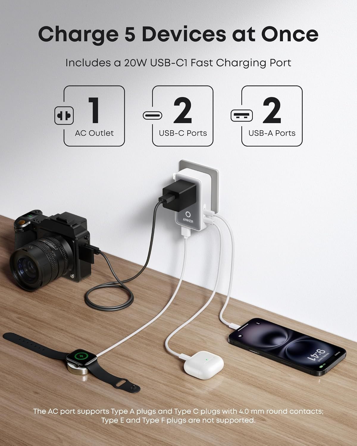 Punjač za mrežu Anker Nano Travel, 20W, 3A, 2 x USB-A - 2 x USB-C, Bijeli A9215H21