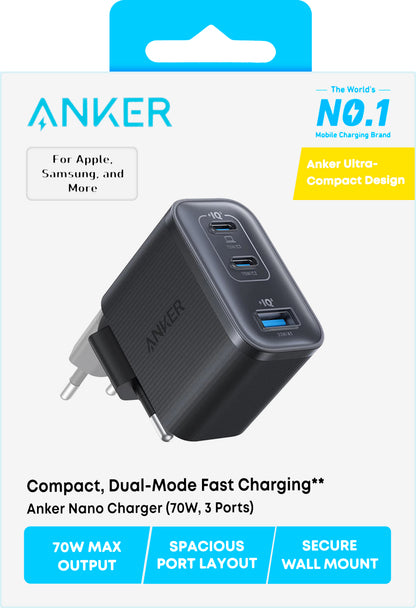 Punjač Anker Nano, 70W, 3.5A, 1 x USB-A - 2 x USB-C, Crni A121AL11