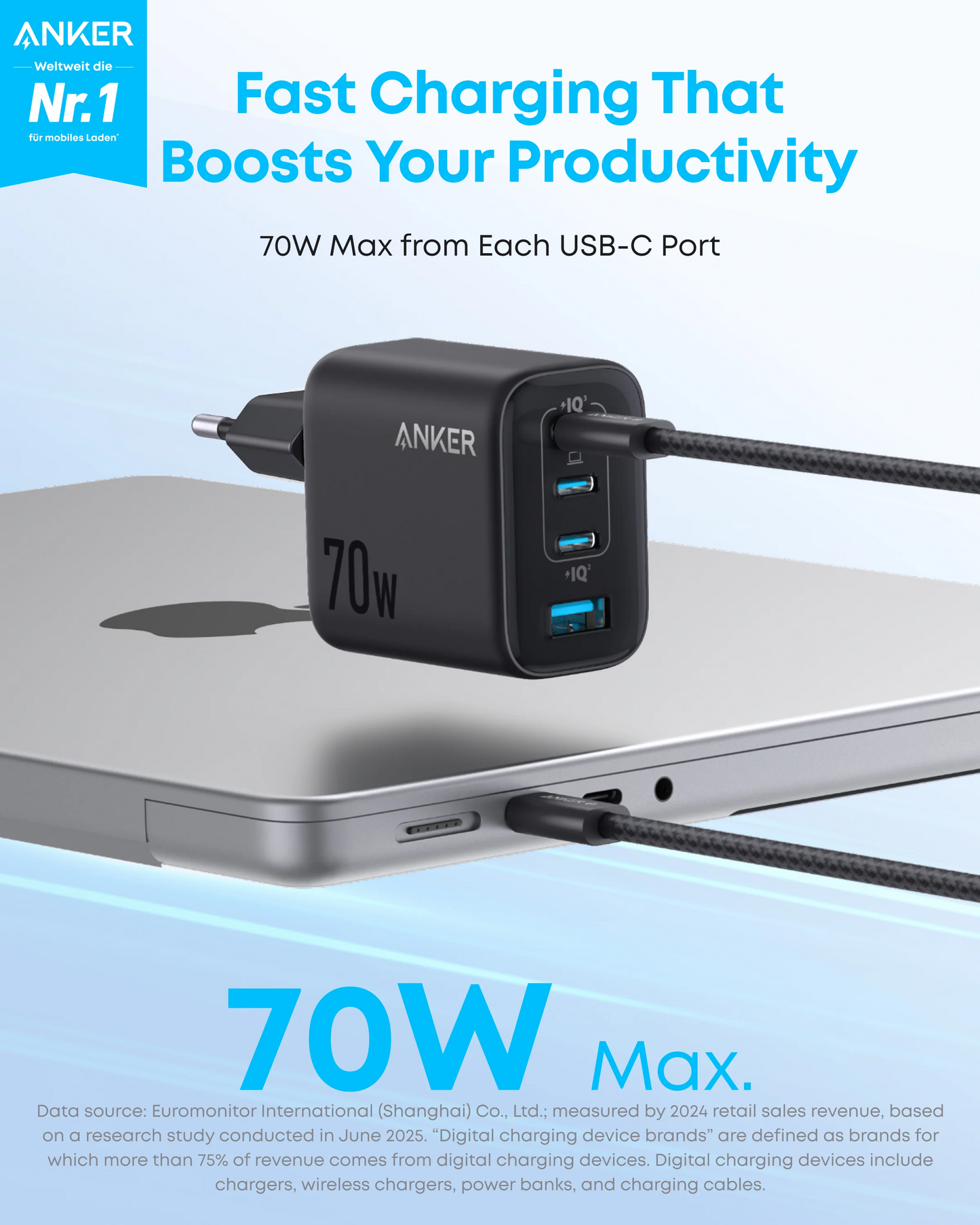 Mrežni punjač Anker Zolo, 70W, 1 x USB-A - 3 x USB-C, Crni A121CG11