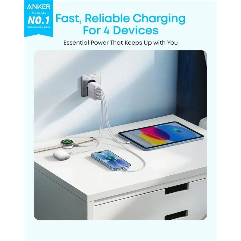 Mrežni punjač Anker Zolo, 50W, 3A, 2 x USB-A - 2 x USB-C, Bijeli A121EG21