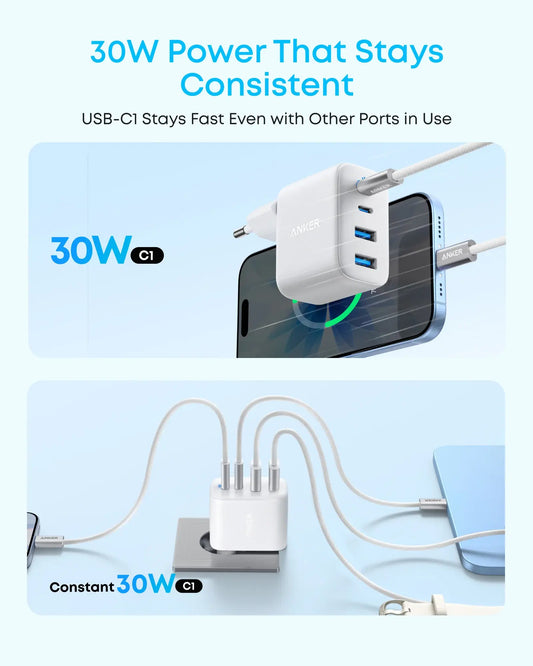 Punjač za mrežu Anker Zolo, 50W, 3A, 2 x USB-A - 2 x USB-C, Bijela