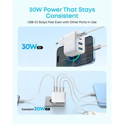 Mrežni punjač Anker Zolo, 50W, 3A, 2 x USB-A - 2 x USB-C, Bijeli A121EG21
