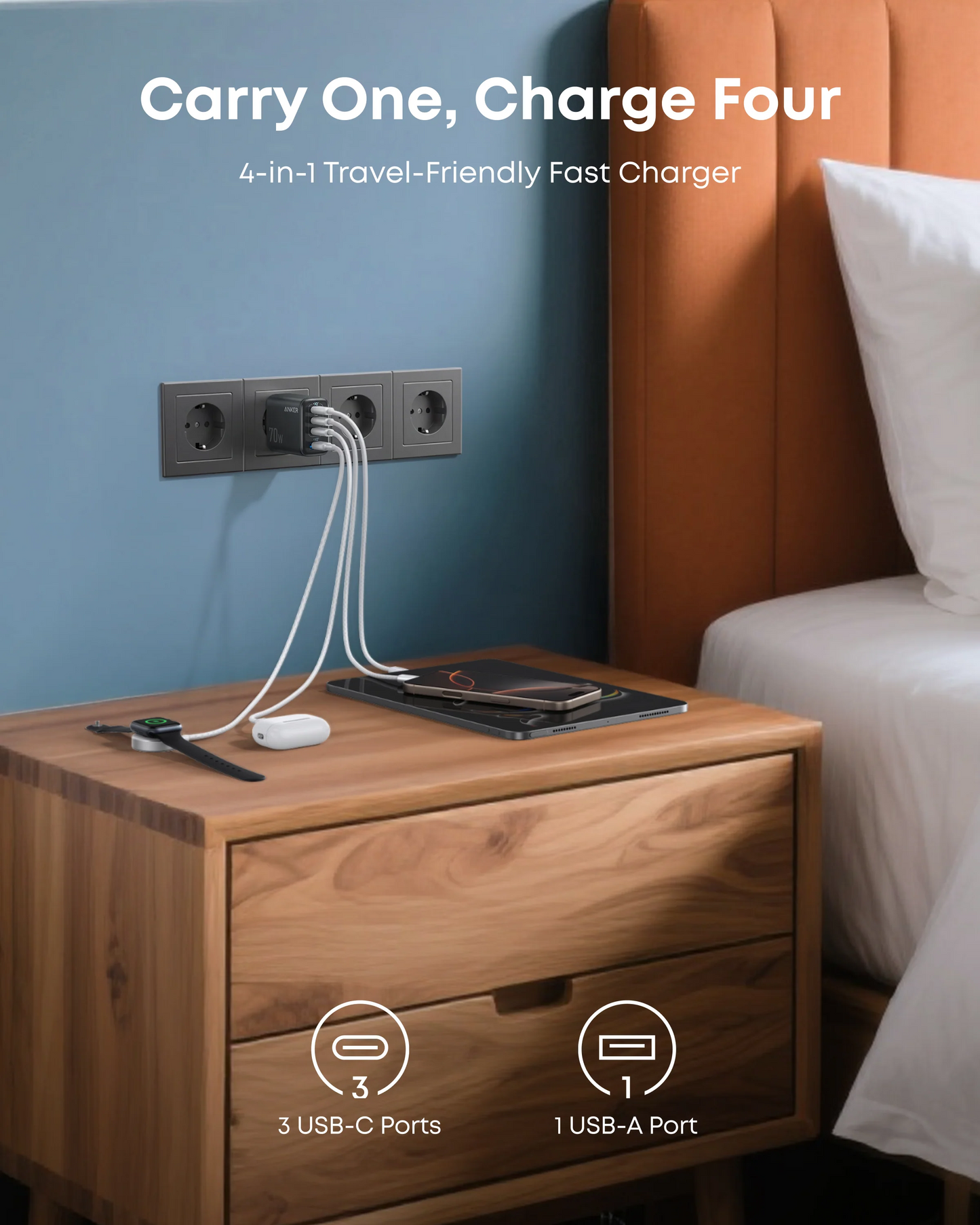 Mrežni punjač Anker Zolo, 70W, 1 x USB-A - 3 x USB-C, Crni A121CG11