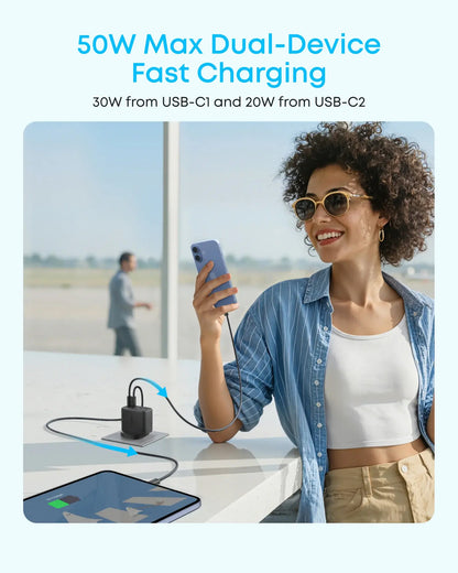 Punjač za mrežu Anker Zolo, 50W, 3A, 2 x USB-A - 2 x USB-C, Bijela
