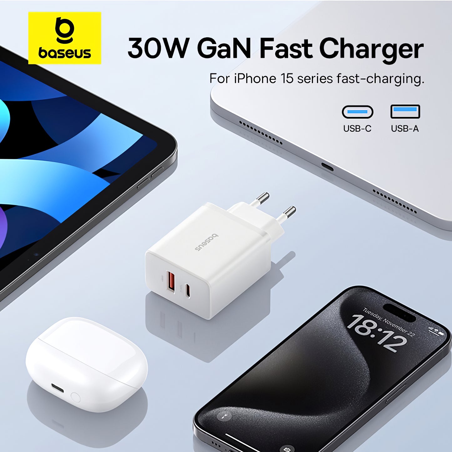 Punjač Baseus Cube, 30W, 2.4A, 1 x USB-A - 1 x USB-C, Bijeli P10111404213-00