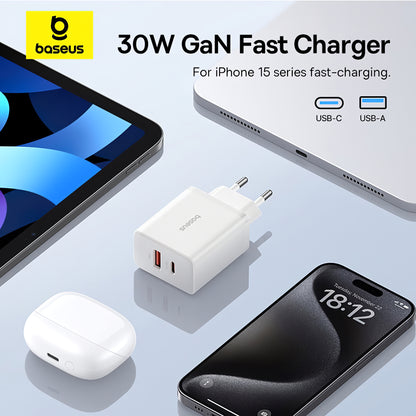 Punjač Baseus Cube, 30W, 2.4A, 1 x USB-A - 1 x USB-C, Bijeli P10111404213-00