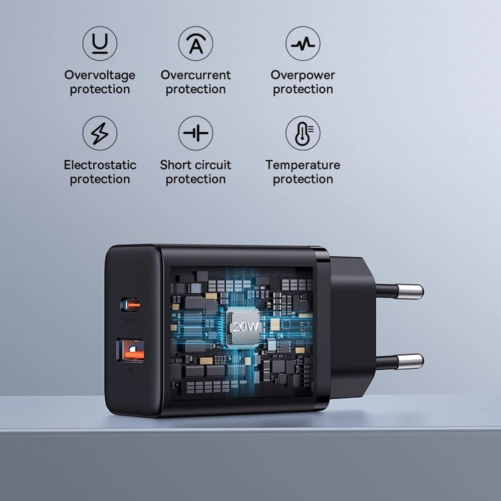 Punjač mreže Baseus Cube, 20W, 3A, 1 x USB-A - 1 x USB-C, Crni P10111403113-00