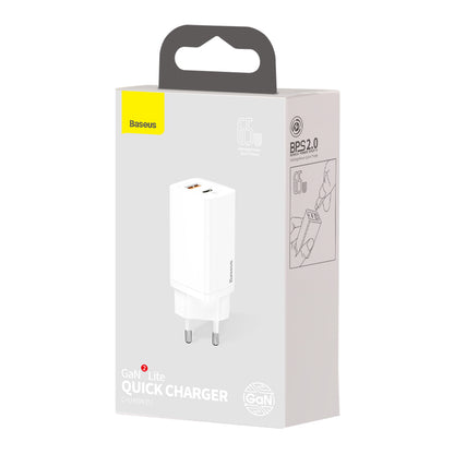 Punjač za mrežu Baseus GaN2 Lite, 65W, 3A, 1 x USB-A - 1 x USB-C, Bijeli CCGAN2L-B02